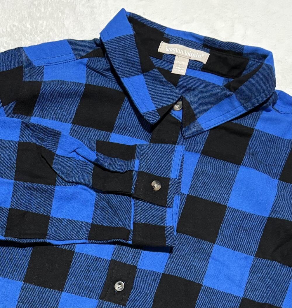 R!Woman Within Shirt Womens 14/16 Blue Black Buffalo Plaid Button Up Long Sleeve
